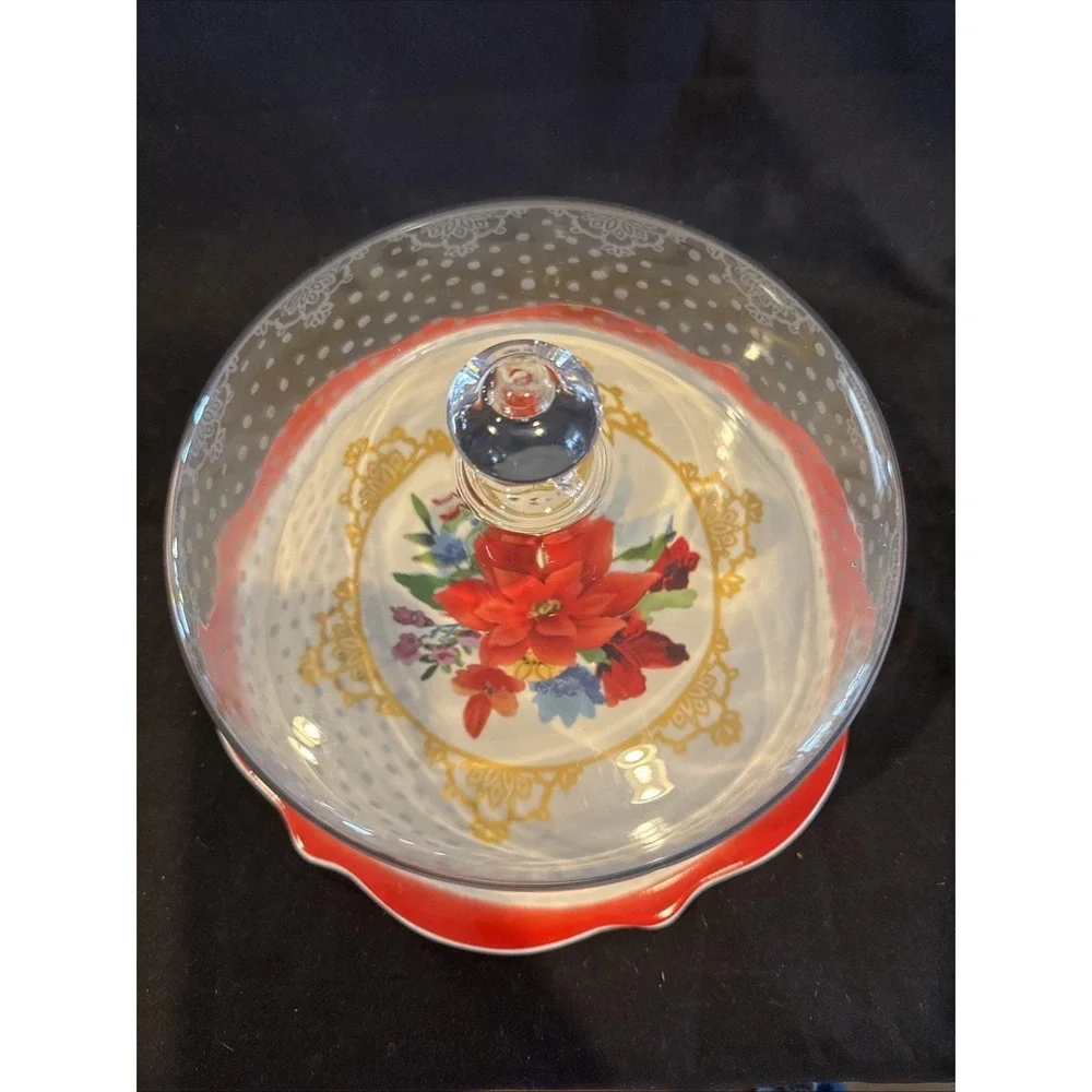 Pioneer Woman Winter Bouquet Holiday Cake Plate Polka Dot Etched Glass Dome NIB
